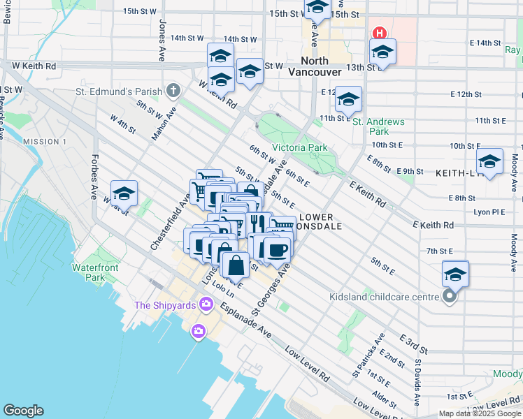 map of restaurants, bars, coffee shops, grocery stores, and more near 408 Lonsdale Avenue in North Vancouver