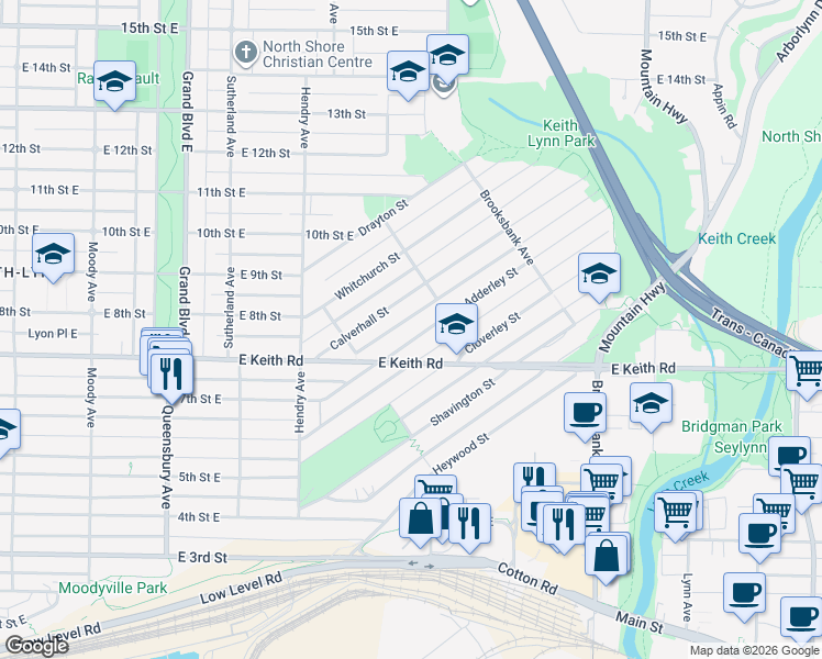 map of restaurants, bars, coffee shops, grocery stores, and more near 1060 Adderley Street in North Vancouver