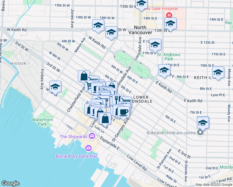 map of restaurants, bars, coffee shops, grocery stores, and more near 408 Lonsdale Avenue in North Vancouver
