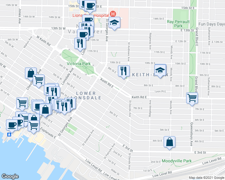 map of restaurants, bars, coffee shops, grocery stores, and more near 265 Keith Road East in North Vancouver
