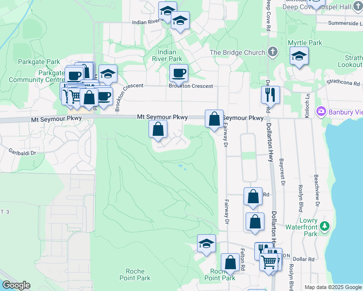 map of restaurants, bars, coffee shops, grocery stores, and more near 4001 Mount Seymour Parkway in North Vancouver