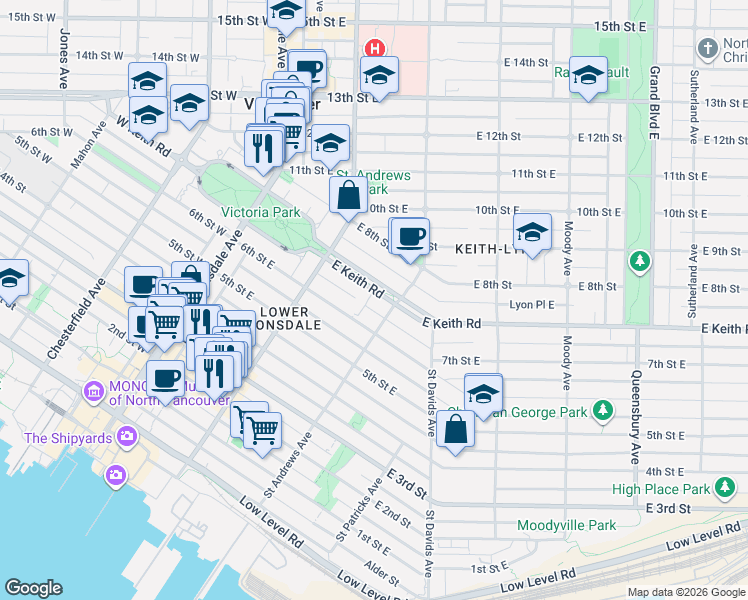 map of restaurants, bars, coffee shops, grocery stores, and more near 265 Keith Road East in North Vancouver
