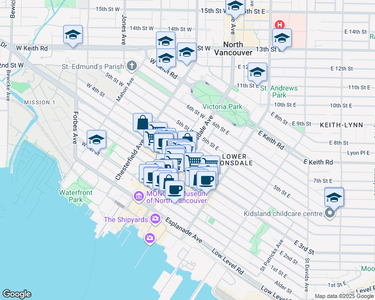map of restaurants, bars, coffee shops, grocery stores, and more near 403 Lonsdale Avenue in North Vancouver