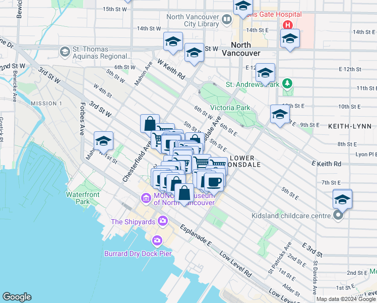 map of restaurants, bars, coffee shops, grocery stores, and more near 109 West 4th Street in North Vancouver