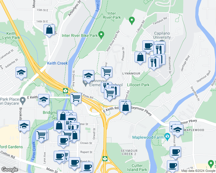 map of restaurants, bars, coffee shops, grocery stores, and more near 822 Premier Street in North Vancouver