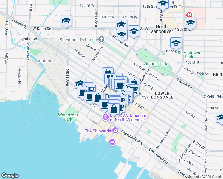 map of restaurants, bars, coffee shops, grocery stores, and more near 175 3rd Street West in North Vancouver