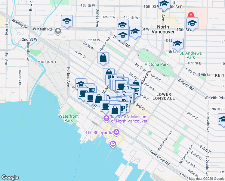 map of restaurants, bars, coffee shops, grocery stores, and more near in North Vancouver