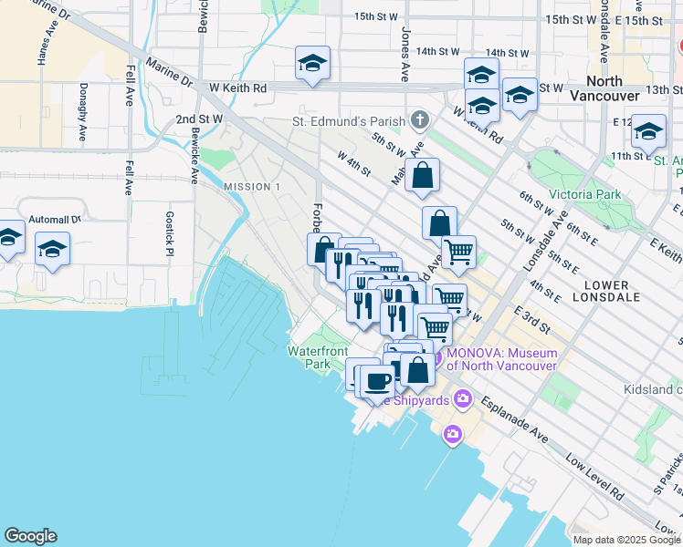 map of restaurants, bars, coffee shops, grocery stores, and more near 255 West 1st Street in North Vancouver