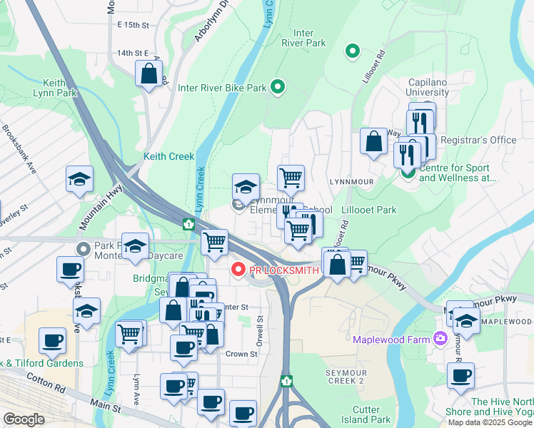 map of restaurants, bars, coffee shops, grocery stores, and more near 752 Orwell Street in North Vancouver