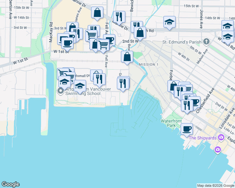 map of restaurants, bars, coffee shops, grocery stores, and more near 755 Harbourside Drive in North Vancouver