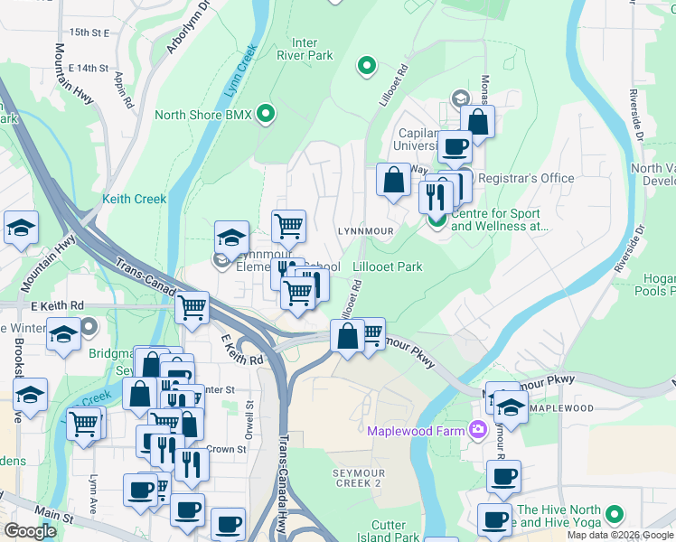 map of restaurants, bars, coffee shops, grocery stores, and more near 1001 Old Lillooet Road in North Vancouver
