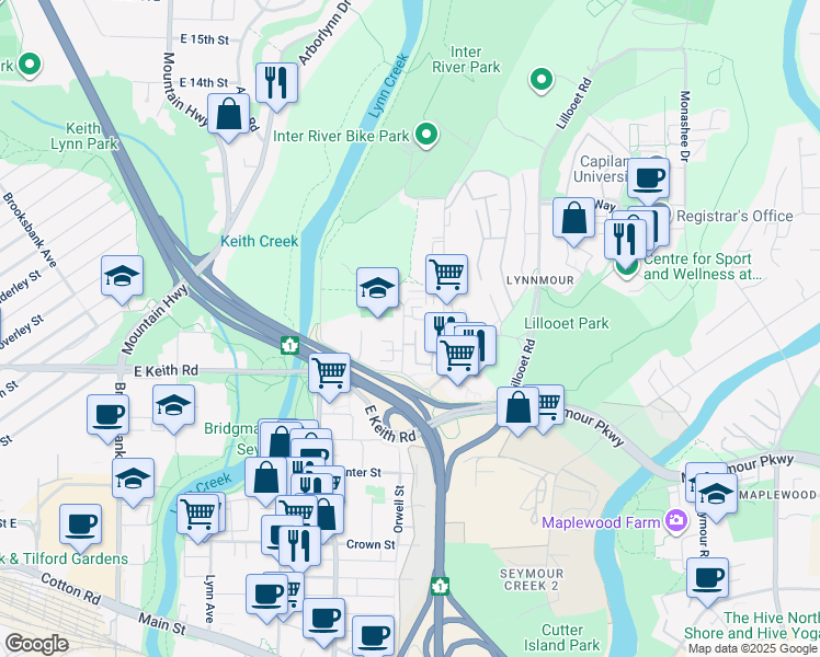 map of restaurants, bars, coffee shops, grocery stores, and more near 764 Orwell Street in North Vancouver