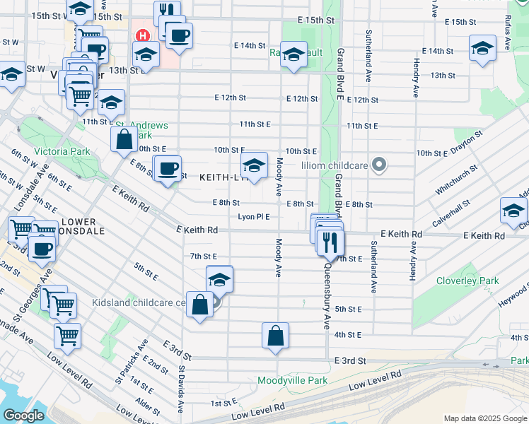 map of restaurants, bars, coffee shops, grocery stores, and more near 448 Lyon Place East in North Vancouver