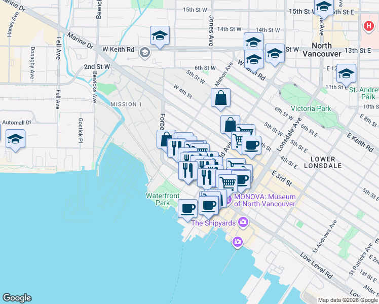 map of restaurants, bars, coffee shops, grocery stores, and more near 250 West 1st Street in North Vancouver