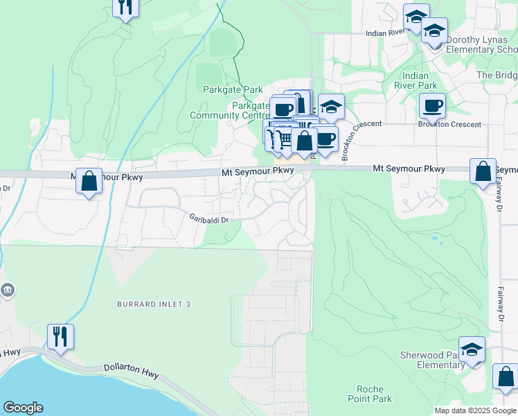 map of restaurants, bars, coffee shops, grocery stores, and more near 3622 Garibaldi Drive in North Vancouver