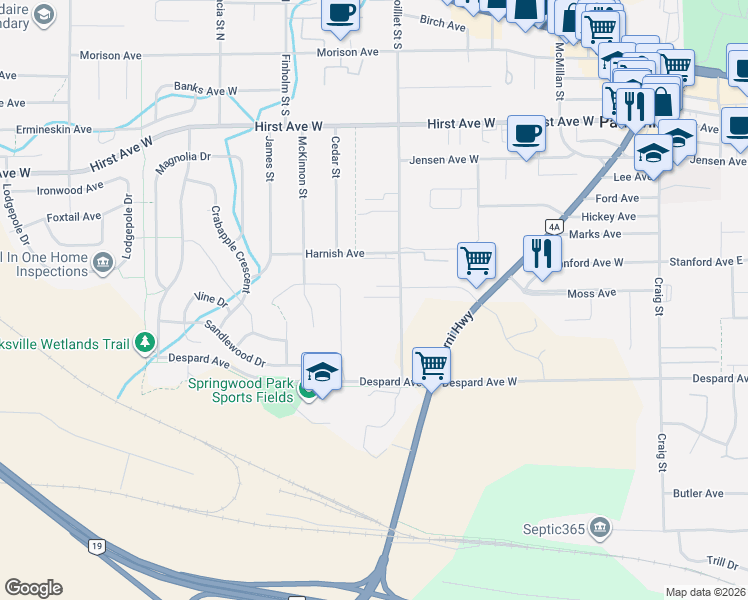 map of restaurants, bars, coffee shops, grocery stores, and more near 422 Hummingbird Place in Parksville