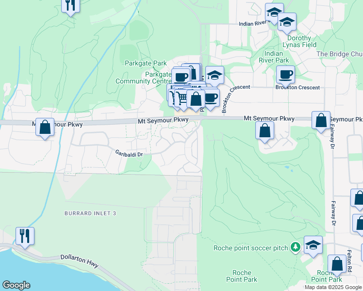 map of restaurants, bars, coffee shops, grocery stores, and more near 3651 Garibaldi Drive in North Vancouver