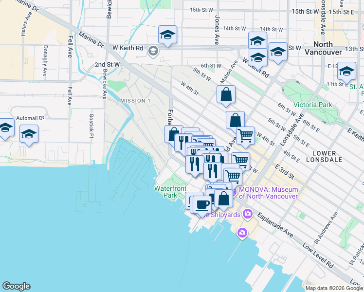 map of restaurants, bars, coffee shops, grocery stores, and more near 277 West 1st Street in North Vancouver