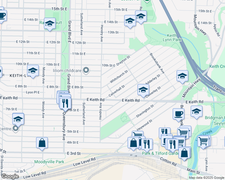 map of restaurants, bars, coffee shops, grocery stores, and more near 800 Calverhall Street in North Vancouver