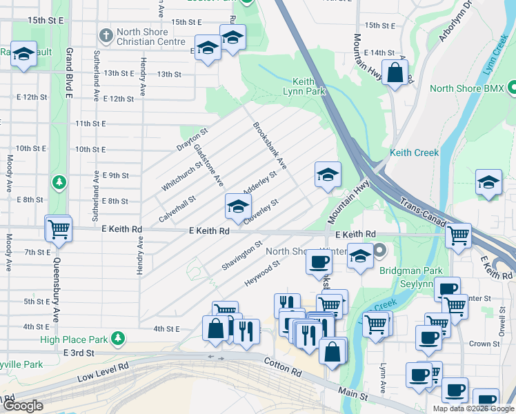 map of restaurants, bars, coffee shops, grocery stores, and more near in North Vancouver