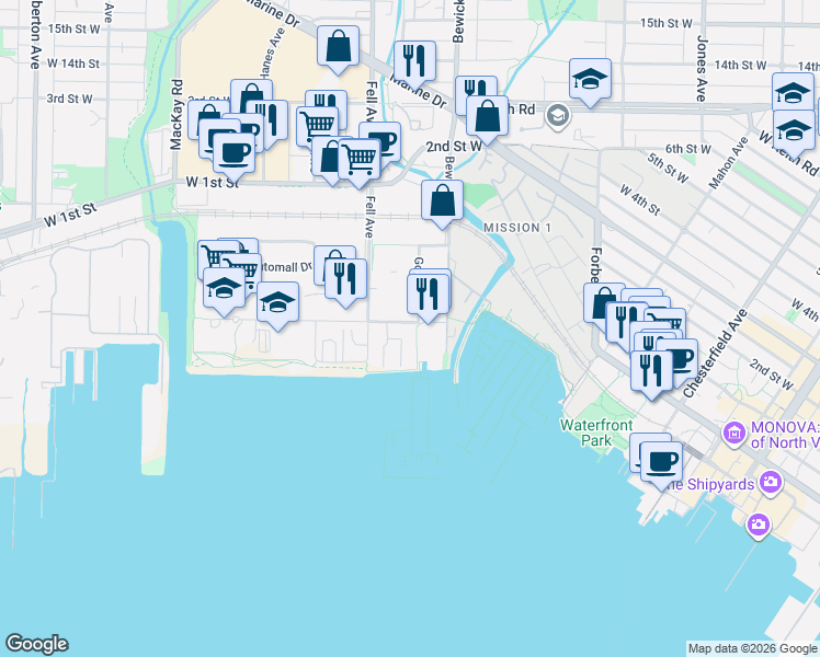 map of restaurants, bars, coffee shops, grocery stores, and more near 755 Harbourside Drive in North Vancouver