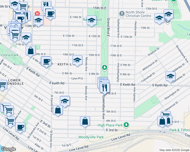 map of restaurants, bars, coffee shops, grocery stores, and more near 535 East 8th Street in North Vancouver