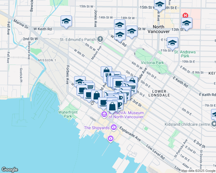 map of restaurants, bars, coffee shops, grocery stores, and more near in North Vancouver