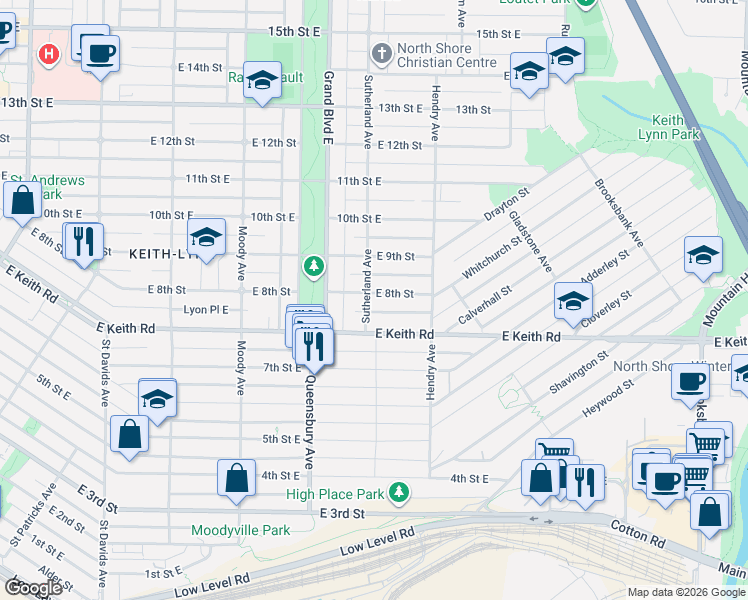 map of restaurants, bars, coffee shops, grocery stores, and more near 707 East 8th Street in North Vancouver