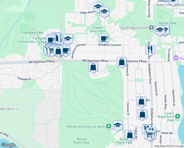 map of restaurants, bars, coffee shops, grocery stores, and more near 4001 Mount Seymour Parkway in North Vancouver