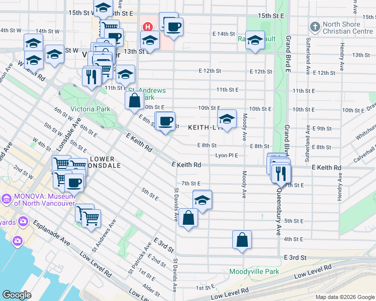 map of restaurants, bars, coffee shops, grocery stores, and more near 335 East 8th Street in North Vancouver