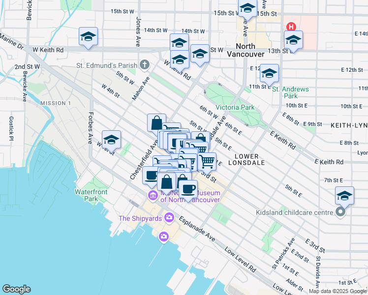 map of restaurants, bars, coffee shops, grocery stores, and more near 131 West 4th Street in North Vancouver