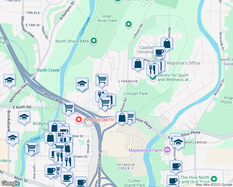 map of restaurants, bars, coffee shops, grocery stores, and more near 1001 Old Lillooet Road in North Vancouver