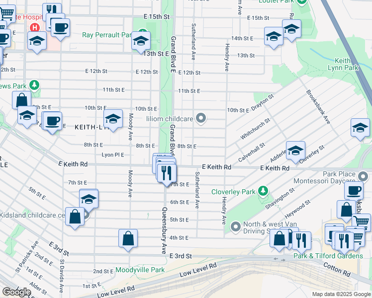 map of restaurants, bars, coffee shops, grocery stores, and more near 623 8th Street East in North Vancouver