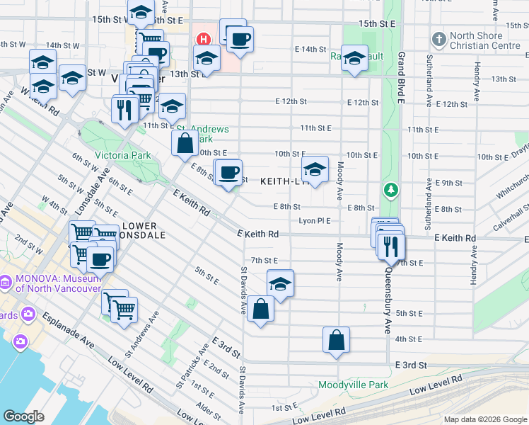 map of restaurants, bars, coffee shops, grocery stores, and more near 341 East 8th Street in North Vancouver