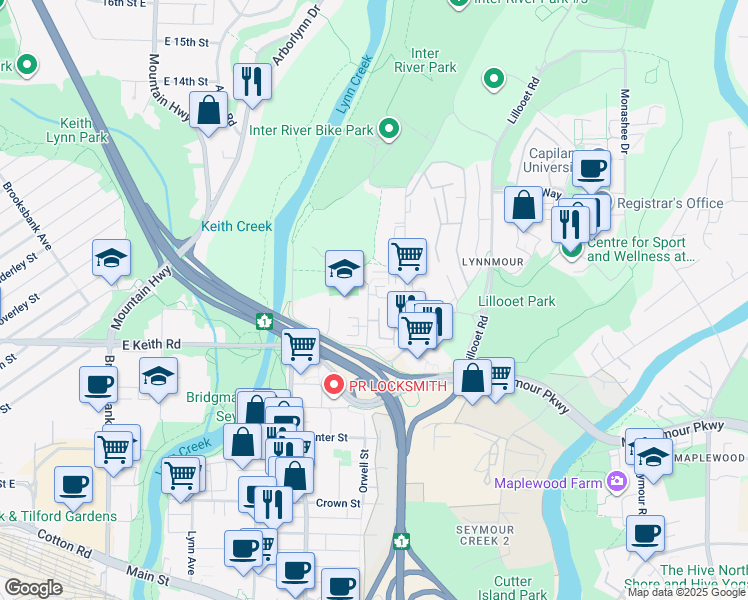 map of restaurants, bars, coffee shops, grocery stores, and more near 856 Orwell Street in North Vancouver