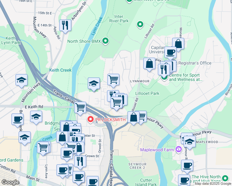 map of restaurants, bars, coffee shops, grocery stores, and more near 826 Premier Street in North Vancouver