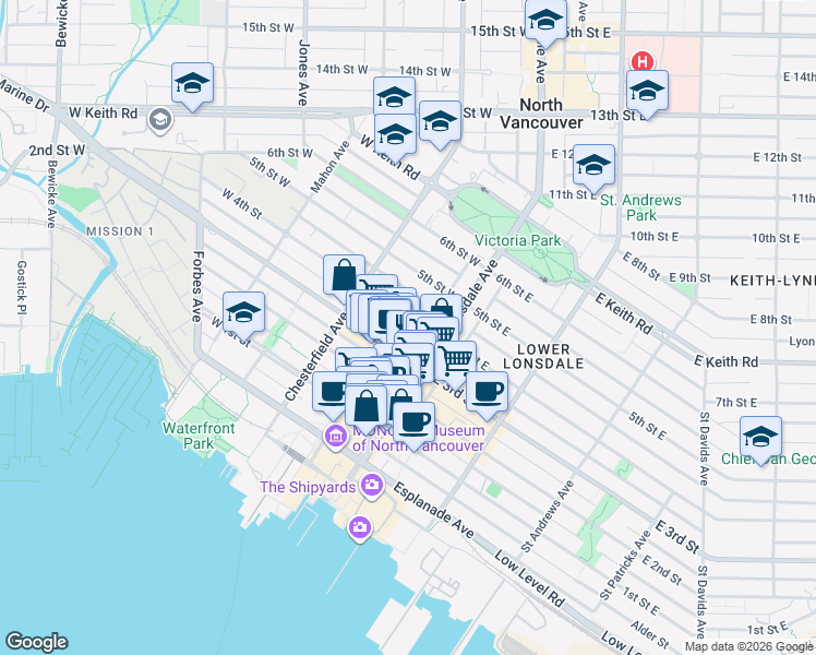 map of restaurants, bars, coffee shops, grocery stores, and more near 131 West 4th Avenue in Vancouver