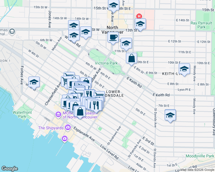 map of restaurants, bars, coffee shops, grocery stores, and more near in North Vancouver
