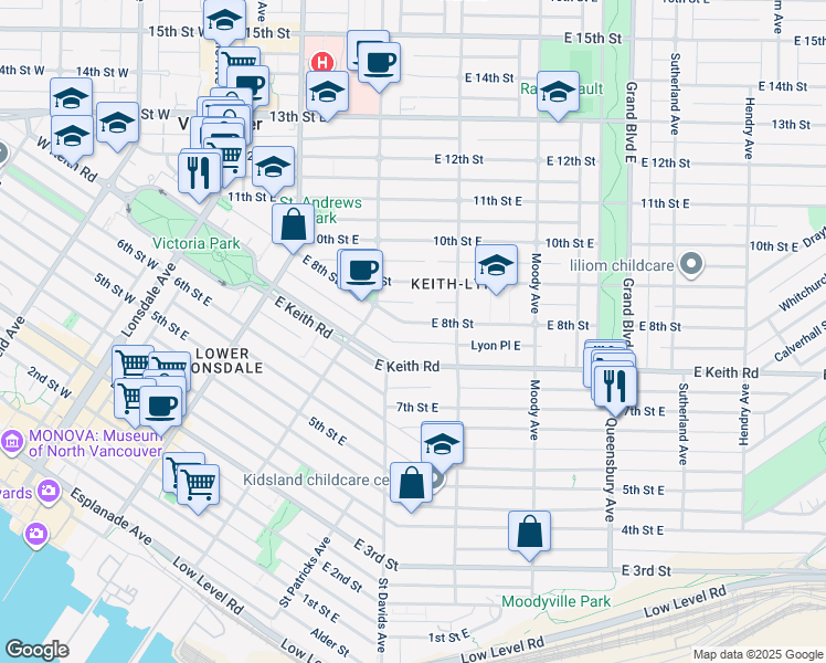 map of restaurants, bars, coffee shops, grocery stores, and more near in North Vancouver