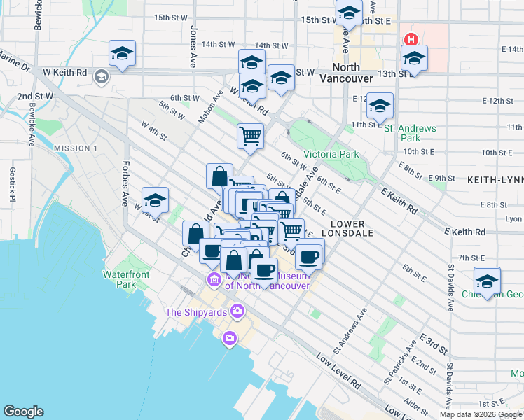 map of restaurants, bars, coffee shops, grocery stores, and more near 131 West 4th Avenue in Vancouver