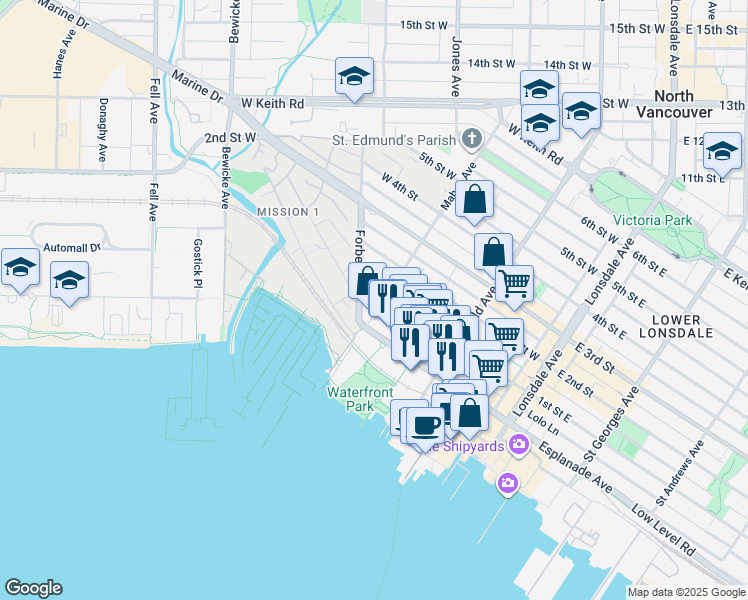 map of restaurants, bars, coffee shops, grocery stores, and more near 318 - 255 West 1st Street in North Vancouver