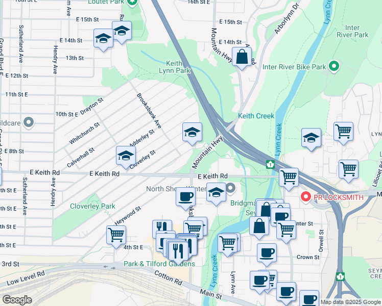 map of restaurants, bars, coffee shops, grocery stores, and more near 1239 Shavington Street in North Vancouver