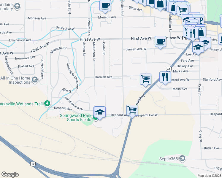 map of restaurants, bars, coffee shops, grocery stores, and more near 433 Hummingbird Place in Parksville
