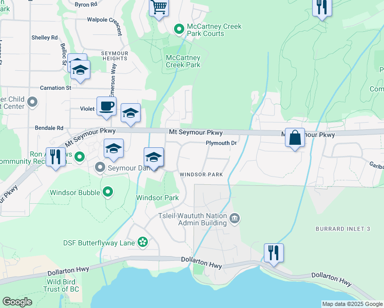 map of restaurants, bars, coffee shops, grocery stores, and more near 950 Plymouth Place in North Vancouver