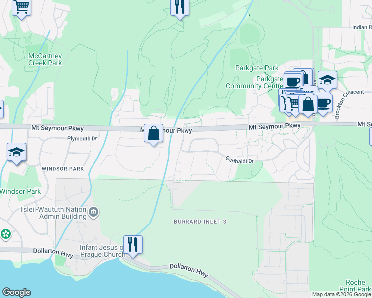 map of restaurants, bars, coffee shops, grocery stores, and more near 3300 Manning Crescent in North Vancouver