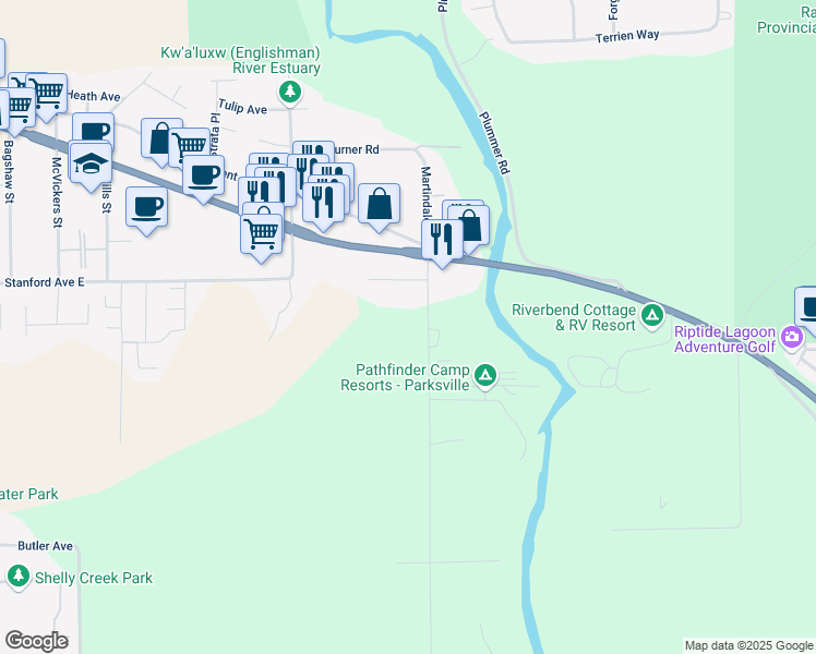 map of restaurants, bars, coffee shops, grocery stores, and more near 319 Martindale Road in Parksville