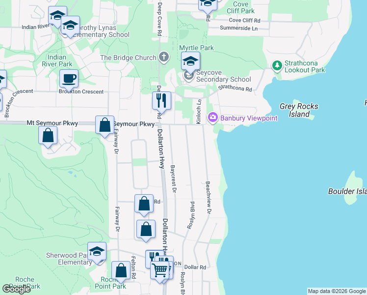 map of restaurants, bars, coffee shops, grocery stores, and more near 905 Roslyn Boulevard in North Vancouver