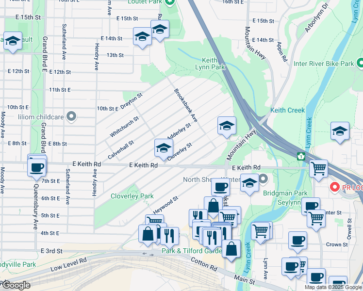 map of restaurants, bars, coffee shops, grocery stores, and more near 1140 Cloverley Street in North Vancouver