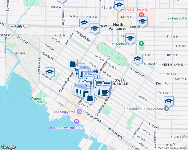 map of restaurants, bars, coffee shops, grocery stores, and more near 110 West 4th Street in North Vancouver