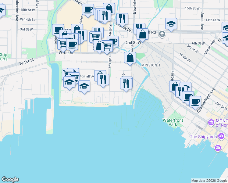 map of restaurants, bars, coffee shops, grocery stores, and more near 777 Harbourside Drive in North Vancouver